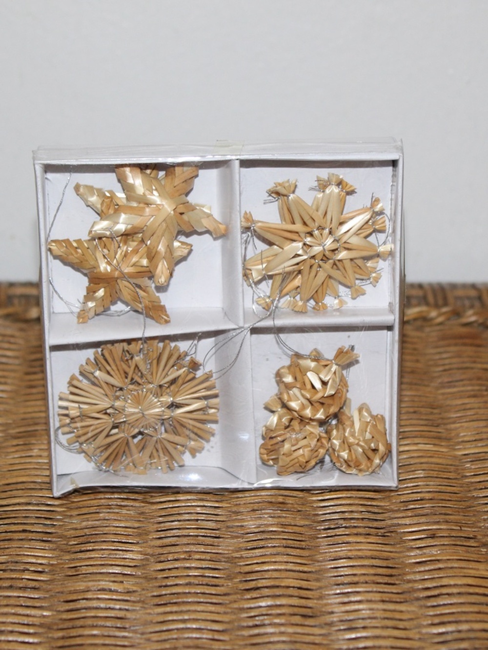 Star.s  Snow Flake. Ball Straw Ornaments (Four Shapes).  Silver Hanging String.